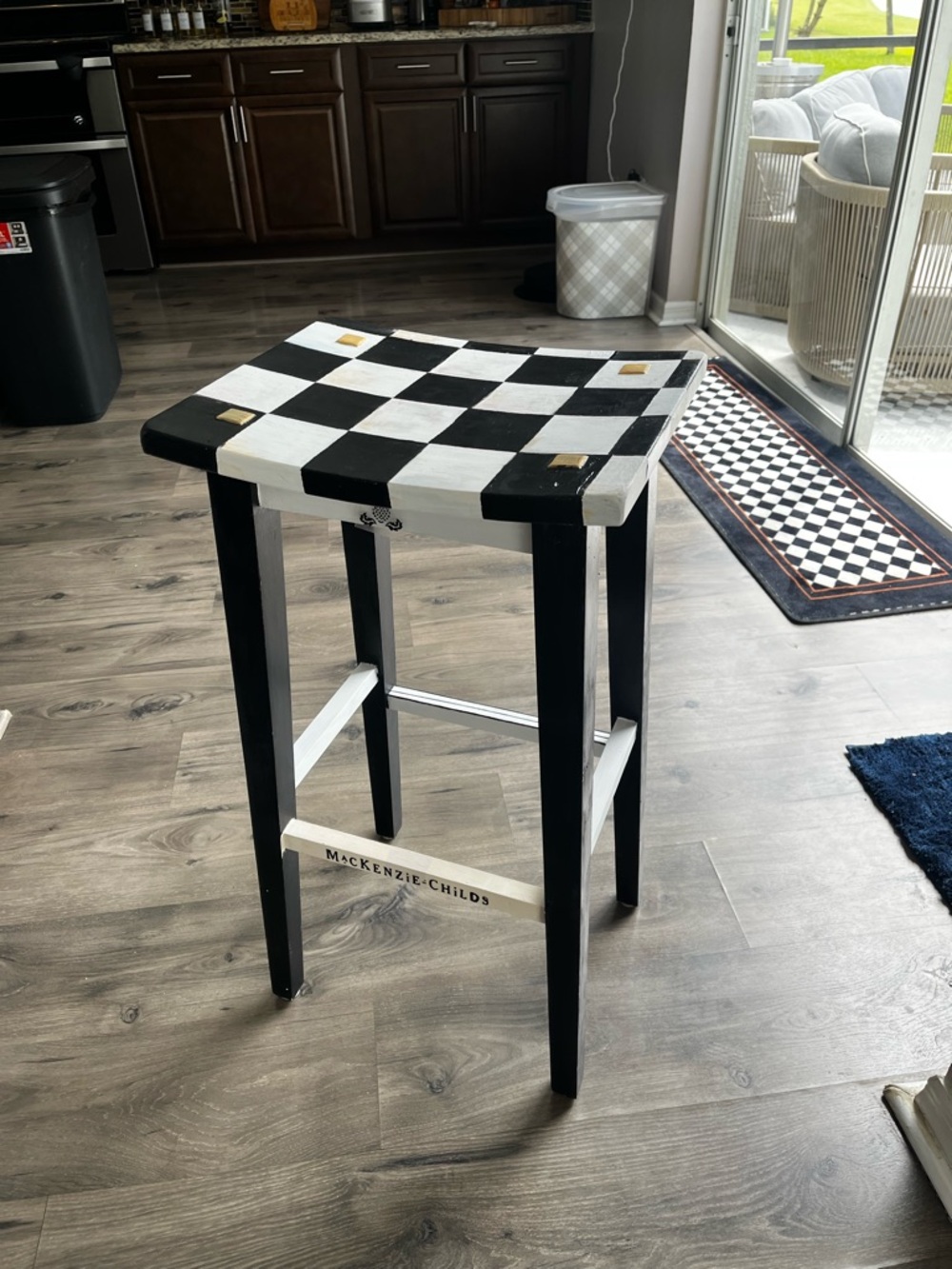MacKenzie-Childs Black & White Checkerboard Bar Stool with Gold Accents set of 2